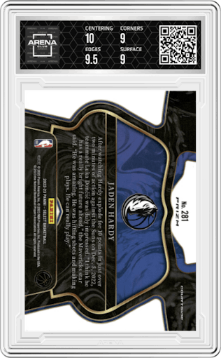 Jaden Hardy from the 2022-23 Panini Select set featuring a Zebra parallel graded by Arena Club and given an overall grade of 9.5.