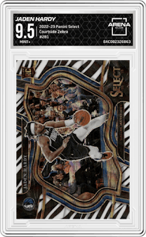Jaden Hardy from the 2022-23 Panini Select set featuring a Zebra parallel graded by Arena Club and given an overall grade of 9.5.
