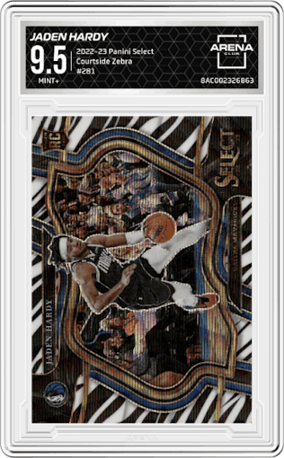 Jaden Hardy from the 2022-23 Panini Select set featuring a Zebra parallel graded by Arena Club and given an overall grade of 9.5.