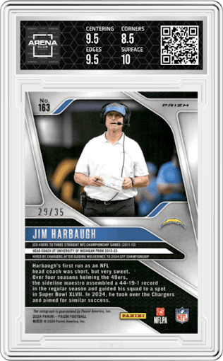 Jim Harbaugh from the 2024 Panini Prizm set featuring a Red Shimmer parallel graded by Arena Club and given an overall grade of 9.