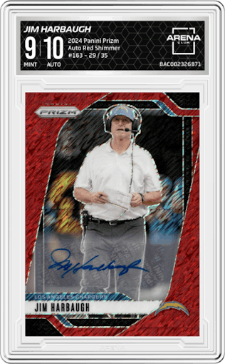 Jim Harbaugh from the 2024 Panini Prizm set featuring a Red Shimmer parallel graded by Arena Club and given an overall grade of 9.