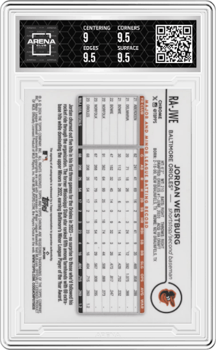Jordan Westburg from the 2024 Topps Chrome set graded by Arena Club and given an overall grade of 9.5.