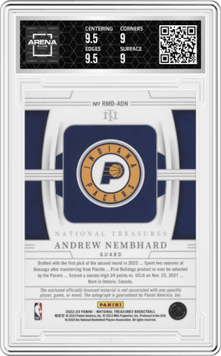 Andrew Nembhard from the 2022-23 Panini National Treasures set graded by Arena Club and given an overall grade of 9.5.