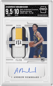 Andrew Nembhard from the 2022-23 Panini National Treasures set graded by Arena Club and given an overall grade of 9.5.