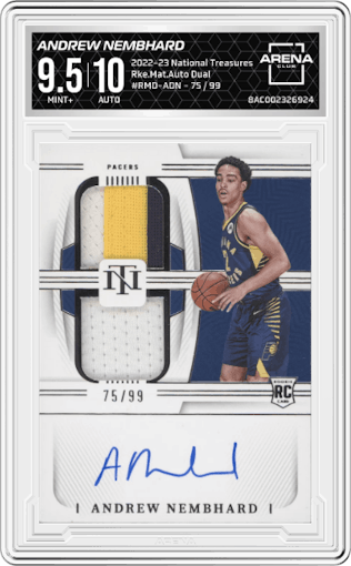 Andrew Nembhard from the 2022-23 Panini National Treasures set graded by Arena Club and given an overall grade of 9.5.