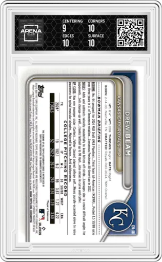 Drew Beam from the 2024 Bowman Draft set featuring a Sparkle Refractor parallel graded by Arena Club and given an overall grade of 9.5.