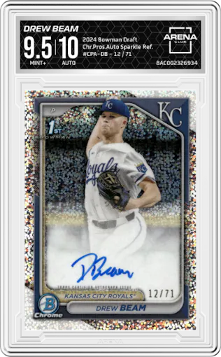 Drew Beam from the 2024 Bowman Draft set featuring a Sparkle Refractor parallel graded by Arena Club and given an overall grade of 9.5.