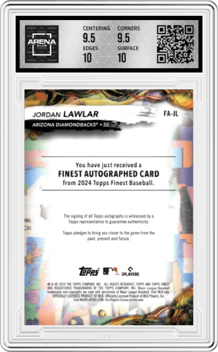 Jordan Lawlar from the 2024 Topps Finest set featuring a Blue Refractor parallel graded by Arena Club and given an overall grade of 10.