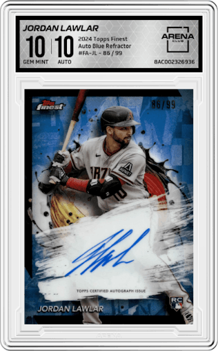 Jordan Lawlar from the 2024 Topps Finest set featuring a Blue Refractor parallel graded by Arena Club and given an overall grade of 10.