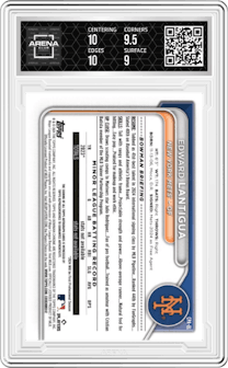 Edward Lantigua from the 2024 Bowman Chrome set featuring a Gold Mini Diamond Refractor parallel graded by Arena Club and given an overall grade of 9.5.