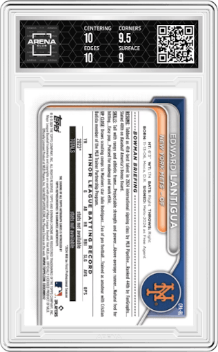 Edward Lantigua from the 2024 Bowman Chrome set featuring a Gold Mini Diamond Refractor parallel graded by Arena Club and given an overall grade of 9.5.