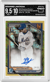 Edward Lantigua from the 2024 Bowman Chrome set featuring a Gold Mini Diamond Refractor parallel graded by Arena Club and given an overall grade of 9.5.