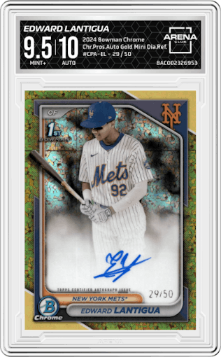 Edward Lantigua from the 2024 Bowman Chrome set featuring a Gold Mini Diamond Refractor parallel graded by Arena Club and given an overall grade of 9.5.
