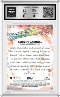 Corbin Carroll from the 2023 Topps Chrome Logofractor Edition set featuring a Gold Refractor parallel graded by Arena Club and given an overall grade of 10.