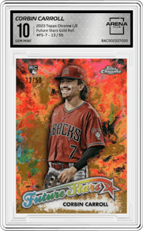 Corbin Carroll from the 2023 Topps Chrome Logofractor Edition set featuring a Gold Refractor parallel graded by Arena Club and given an overall grade of 10.