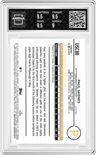 Paul Skenes from the 2024 Topps Chrome Update set featuring a X-Fractor parallel graded by Arena Club and given an overall grade of 9.5.