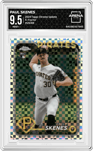 Paul Skenes from the 2024 Topps Chrome Update set featuring a X-Fractor parallel graded by Arena Club and given an overall grade of 9.5.