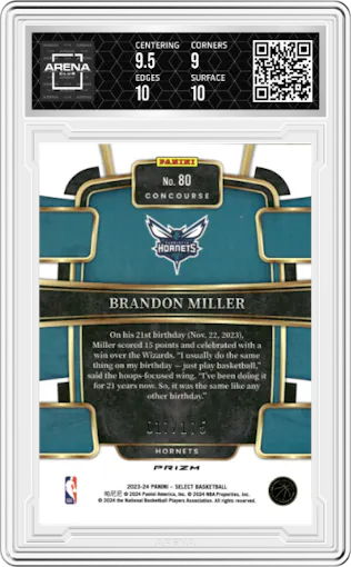 Brandon Miller from the 2023-24 Panini Select  set featuring a Maroon Prizm parallel graded by Arena Club and given an overall grade of 9.5.