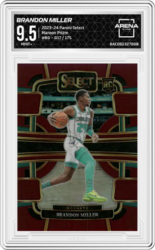 Brandon Miller from the 2023-24 Panini Select  set featuring a Maroon Prizm parallel graded by Arena Club and given an overall grade of 9.5.