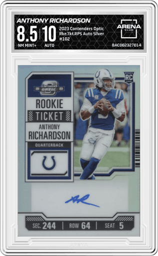Anthony Richardson from the 2023 Panini Contenders Optic set featuring a Silver parallel graded by Arena Club and given an overall grade of 8.5.