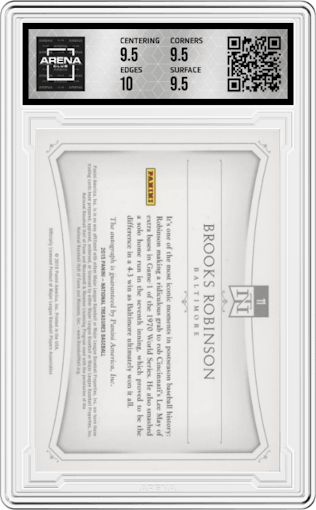 Brooks Robinson from the 2015 Panini National Treasures set graded by Arena Club and given an overall grade of 10.