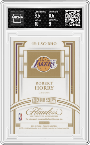 Robert Horry from the 2021-22 Panini Flawless set featuring a Ruby parallel graded by Arena Club and given an overall grade of 9.