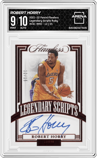 Robert Horry from the 2021-22 Panini Flawless set featuring a Ruby parallel graded by Arena Club and given an overall grade of 9.
