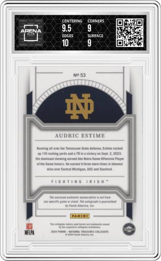 Audric Estime from the 2024 Panini National Treasures Collegiate set featuring a Silver parallel graded by Arena Club and given an overall grade of 9.5.