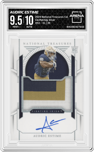 Audric Estime from the 2024 Panini National Treasures Collegiate set featuring a Silver parallel graded by Arena Club and given an overall grade of 9.5.
