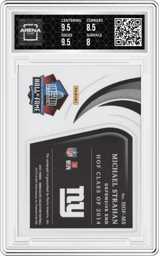 Michael Strahan from the 2021 Panini Immaculate Collection set graded by Arena Club and given an overall grade of 8.5.