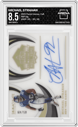 Michael Strahan from the 2021 Panini Immaculate Collection set graded by Arena Club and given an overall grade of 8.5.