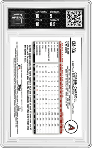 Corbin Carroll from the 2024 Topps Gilded Collection set featuring a Yellow/Gold parallel graded by Arena Club and given an overall grade of 9.
