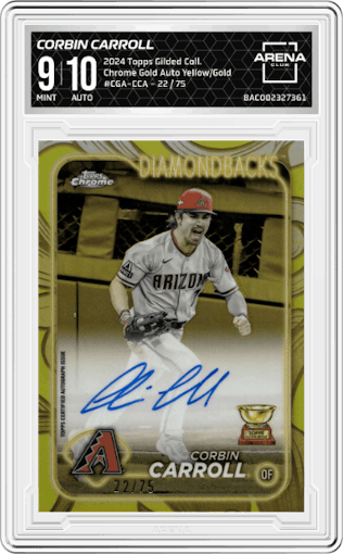 Corbin Carroll from the 2024 Topps Gilded Collection set featuring a Yellow/Gold parallel graded by Arena Club and given an overall grade of 9.