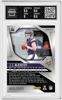 J.J. McCarthy from the 2024 Panini Prizm set featuring a No Huddle parallel graded by Arena Club and given an overall grade of 9.5.