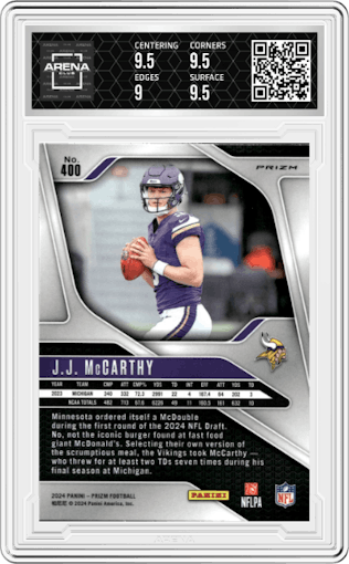 J.J. McCarthy from the 2024 Panini Prizm set featuring a No Huddle parallel graded by Arena Club and given an overall grade of 9.5.