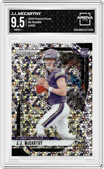 J.J. McCarthy from the 2024 Panini Prizm set featuring a No Huddle parallel graded by Arena Club and given an overall grade of 9.5.