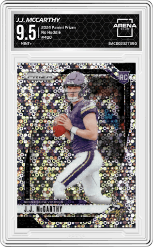 J.J. McCarthy from the 2024 Panini Prizm set featuring a No Huddle parallel graded by Arena Club and given an overall grade of 9.5.