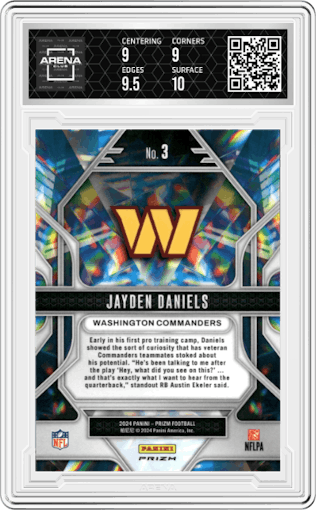 Jayden Daniels from the 2024 Panini Prizm set featuring a No Huddle parallel graded by Arena Club and given an overall grade of 9.5.