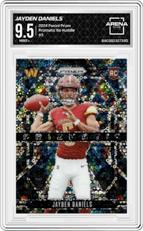 Jayden Daniels from the 2024 Panini Prizm set featuring a No Huddle parallel graded by Arena Club and given an overall grade of 9.5.