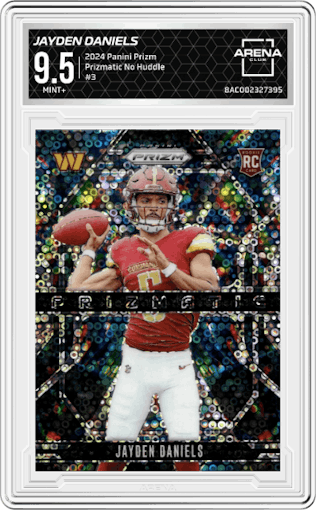 Jayden Daniels from the 2024 Panini Prizm set featuring a No Huddle parallel graded by Arena Club and given an overall grade of 9.5.