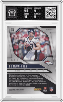 Ed McCaffrey from the 2024 Panini Prizm set featuring a No Huddle Neon Green parallel graded by Arena Club and given an overall grade of 9.5.