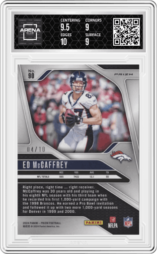Ed McCaffrey from the 2024 Panini Prizm set featuring a No Huddle Neon Green parallel graded by Arena Club and given an overall grade of 9.5.