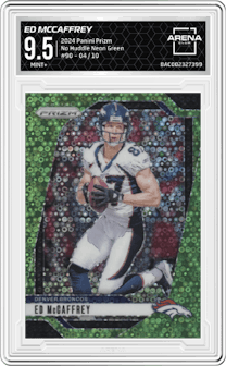 Ed McCaffrey from the 2024 Panini Prizm set featuring a No Huddle Neon Green parallel graded by Arena Club and given an overall grade of 9.5.