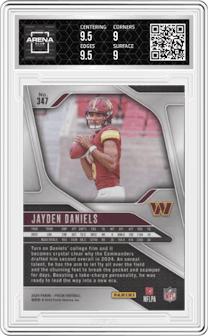 Jayden Daniels from the 2024 Panini Prizm set graded by Arena Club and given an overall grade of 9.5.