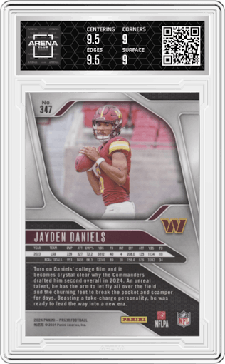 Jayden Daniels from the 2024 Panini Prizm set graded by Arena Club and given an overall grade of 9.5.