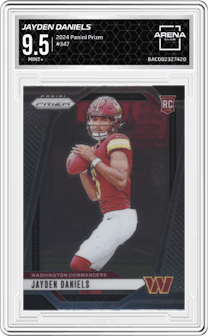 Jayden Daniels from the 2024 Panini Prizm set graded by Arena Club and given an overall grade of 9.5.