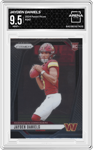Jayden Daniels from the 2024 Panini Prizm set graded by Arena Club and given an overall grade of 9.5.