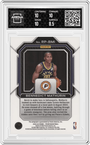 Bennedict Mathurin from the 2022-23 Panini Prizm  set graded by Arena Club and given an overall grade of 9.