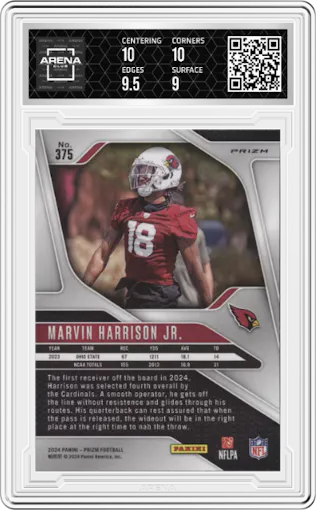 Marvin Harrison Jr. from the 2024 Panini Prizm set featuring a Silver Prizm parallel graded by Arena Club and given an overall grade of 9.5.
