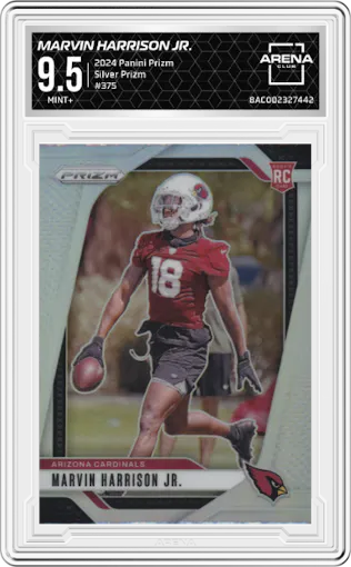 Marvin Harrison Jr. from the 2024 Panini Prizm set featuring a Silver Prizm parallel graded by Arena Club and given an overall grade of 9.5.